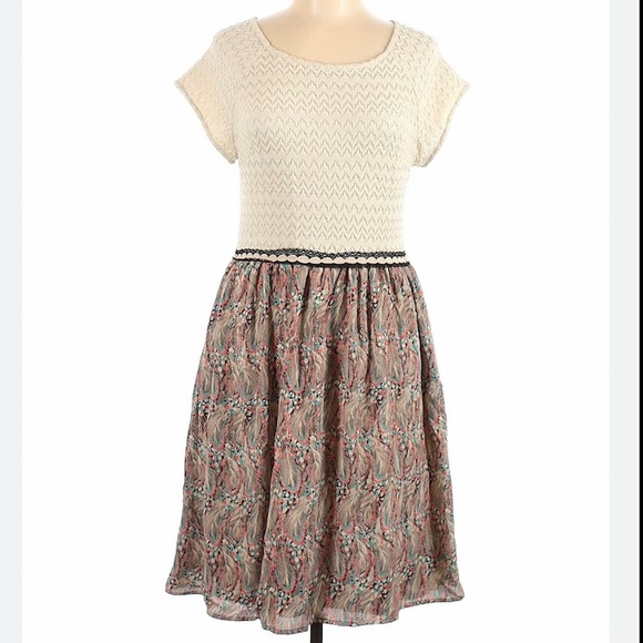 🍓Weston Anthropologie Arcata Beige Dress Feather Print Stretch Top Sz Small M - Picture 4 of 15